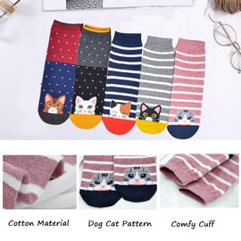 HABUAETY Women Cat Dog Socks Girls Animal Sox Fun Funny Kitty Doggie Ankle Sock Adult Ladies Gift 5 Pairs