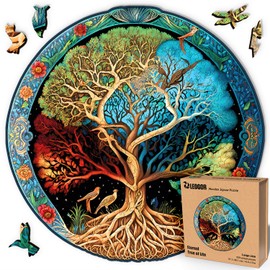 LEOGOR Wooden Jigsaw Puzzle for Adults - Eternal Tree of Life - (350 Piece, Large, 14.9 x 15 in) - Nature Inspired Round Design - Wood Cut Whimsy Animal Shapes