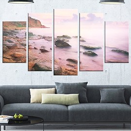 Designart Colorful Sunset Over The Sea-Extra Large Seashore Glossy Metal Wall Art, 60x32-5 Panels Diamond Shape, Red