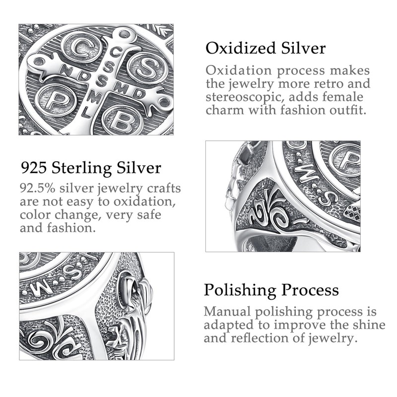 Vito S925 Sterling Silver Saint Benedict Ring for Women Men,