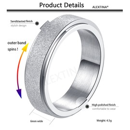 ALEXTINA Anxiety Rings Fidget Rings for Women Stress Relief Spinner Rings for Anxiety Stress Silver Rings 6MM Titanium Steel Rings Size 9