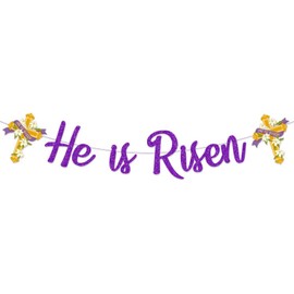 Purple Glitter He is Risen banner, Jesus Easter Garland Banner for Jesus Easter Christian Holiday Cross Party Decoration