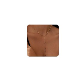 Kyazeo Lariat Necklace for Women 18K Gold Plated Dainty Y-Shaped Pendant Beaded Chain Drop Necklaces Simple Gold Jewelry
