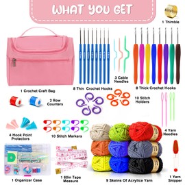 Spardar 63 pcs Tejido Crochet Kit, Kit de Ganchillo para Principiantes,Viene con Ganchillo, Hilo,Accesorios para Tejer y Bolsa de Almacenamiento,Adecuado para Niños,Adultos y Mayor