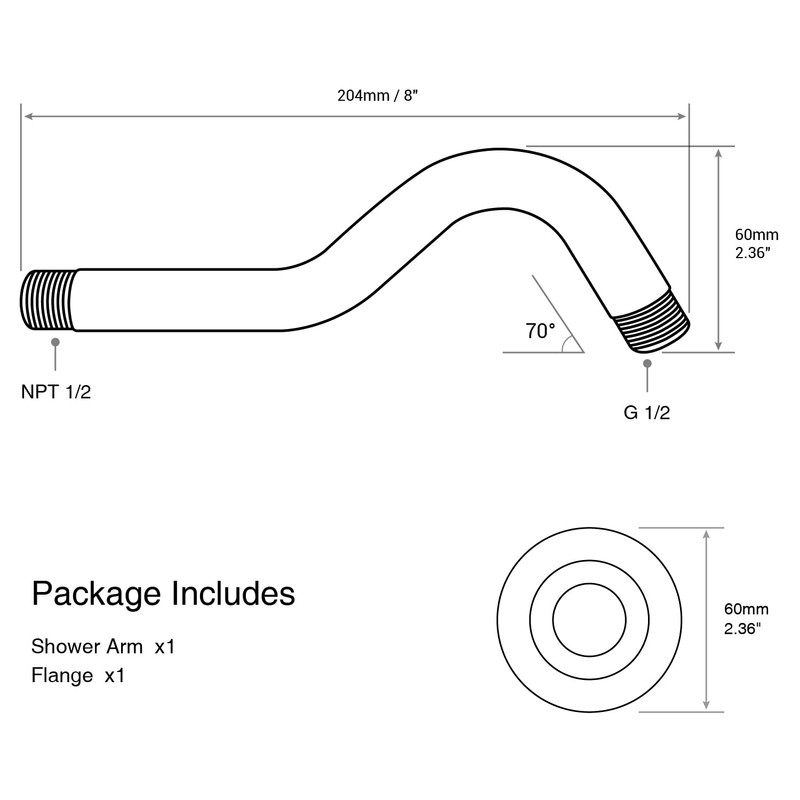 8 Inch S-Shape Curved Shower Arm with Flange Stainless Steel