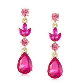 SWEETV Teadrop Rhinestone Dangle Earrings for Women, Wedding Bridal Earrings for Brides, Crystal Drop Dangle Earrings for Prom or Pageant, Hot Pink