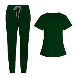 Baoblaze Female Scrub Set, Durable Short Sleeves v Neckline Top and Pants Work Clothing (S, Dark Green)
