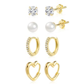 Gold Stud Earrings for Women, Small Stud Earrings Set Hypoallergenic 4 Pairs Small Cubic Zirconia Small Huggie Stud Earrings Set Tiny Sleeper Cartilage Stud Earrings Set for Multiple Piercing Girls