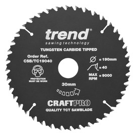 Trend Wood Circular Saw Blade, 190mm Diameter, 30mm Bore, 40 Teeth, TCT, 2.6mm Kerf, +15° Hook, CSB/TC19040