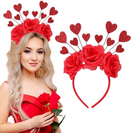 Ncozwo 1 Pcs Rose Glitter Heart Antenna Crown Headband Valnetine's Day Rose Hair Hoop Glitter Red Heart Toppers Head Piece Hair Accessories for Valnetine Wedding Anniversary Party Favors