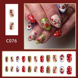 Christmas Press on Nails Medium Fake Nails Full Cover Santa Claus Elk Cute False Nails Round Head Almond Acrylic Nails Glossy Winter Glue on Nails for Women Girls Christmas Nail Decorations 24Pcs