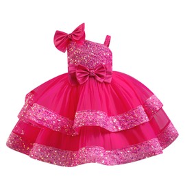 OBEEII Pageant Dress for Toddler Baby Girl Sequins Tulle Tutu Dress Bowknot Princess Birthday Party Christmas Photoshoot Wedding Flower Girl Gown Christening Formal Ball Gown Hot Pink 1-2 T