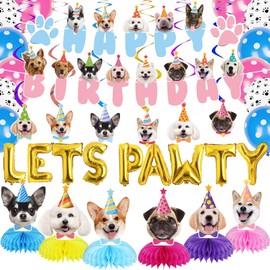 GOYOSWA Dog Birthday Party Supplies, Dog Party Decorations Includes 1 Birthday Banner, 6 Dog Honeycomb Centerpieces, 6 Hanging Swirls with 6 Dog Cutouts, LETS PAWTY Letter Balloons and 12 Balloons