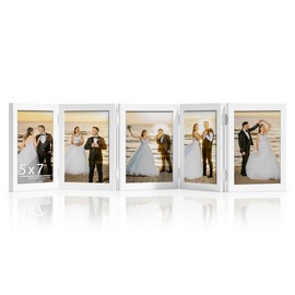 DUENPY 5 Folding 5x7 Picture Frame Horizontal Engineered Wood Accordion Photo Frame with Plexiglass Tabletop Bookshelf Display White