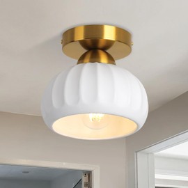 CLARSYNE Ceramic Vintage Gold Semi Flush Mount Ceiling Light Fixture, Modern Lampshade for Farmhouse Kitchen, Hallway, Bedroom, Dining Room, and Entryway, Rustic White Mid-Century Lighting