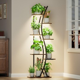 MJOMKN 62“ Plant Stand Indoor with Grow Lights - 7 Tiered Tall Metal Plant Shelf - Corner Wooden Plant Stand for Indoor Plants Multiple, Large S-Shape Flower Rack Holder for Living Room, Garden, Patio Decor
