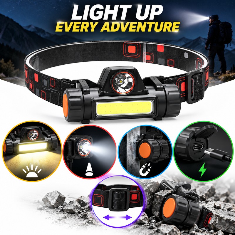 Rechargeable LED Headlamp with XPE + COB Lights – Magnetic