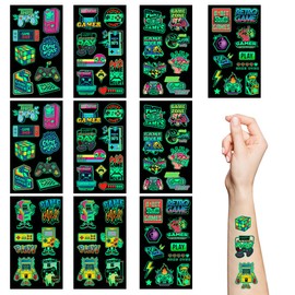 10 Sheet Gamer Stickers Glow in Dark Gaming Temporary Tattoos Video Game Gifts for Kids Classroom Rewards Gamer Birthday Party Supplies