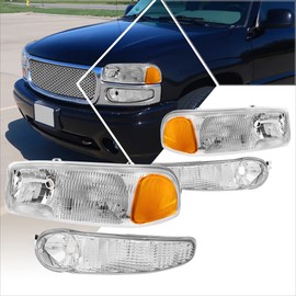 PM PERFORMOTOR [4Pcs-Set] Headlights Assembly+Signal Lamps Compatible with 01-07 GMC Sierra Yukon Denali,Chrome Housing/Amber Corner