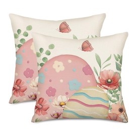Fukeen Easter Pillow Covers 20x20 Inch Set of 2 Cute Egg Floral Easter Farmhouse Decorations Throw Pillow Cover Spring Pink Flower Butterfly Decorative Cushion Case for Sofa Couch