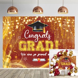 Congrats Grad Backdrop Red and Gold Graduation Backdrop Class of 2025 Graduation Party Decorations School Prom Party Banner Photo Studio Props (Red, 8x6FT)