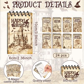 Qilery 36 Pcs Magical Wizard Notepads Set Spiral Notebooks and Witch Broom Pencils Castle Mini Notepads Small Pocket Journal Goodie Bag Stuffer for Wizard Party Favors School Classroom Supplies