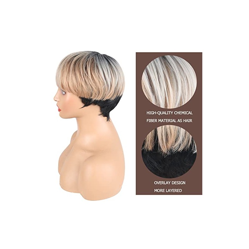 LEOSA Pelucas de Corte Pixie con Flequillo para Mujeres Negras,