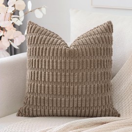 OTOSTAR Corduroy Decorative Throw Pillow Covers 20x20 Inch Super Soft Boho Striped Square Pillow Covers Case Modern Cushion Covers for Sofa Couch Bedroom Car Decor Brown
