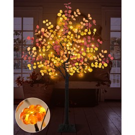 Uieke 4FT 48LED Lighted Fall Eucalyptus Tree Artificial Fall Tree with 12PCS Pumpkins & 8 Modes Thanksgiving Fall Decorations for Home Autumn Decor Indoor Outdoor