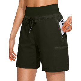 Obla Women's Hiking Cargo Shorts Zipper Pockets Soft High Waisted Quick Dry 7 Inch Long Shorts for Women Golf Athletic Summer (Army Green_M)
