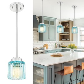 Emliviar 1-Light Pendant Light with Blue Fluted Ripple Glass, 5 Inch Industrial Hanging Light, Brushed Nickel Finish, HE293H BN