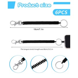 KGDUYC 6 Pieces Key Chain Extendable Spiral Key Chain, Retractable Coil Spring Key Ring with Hiking Clasp for Men Women Hiking Camping Black