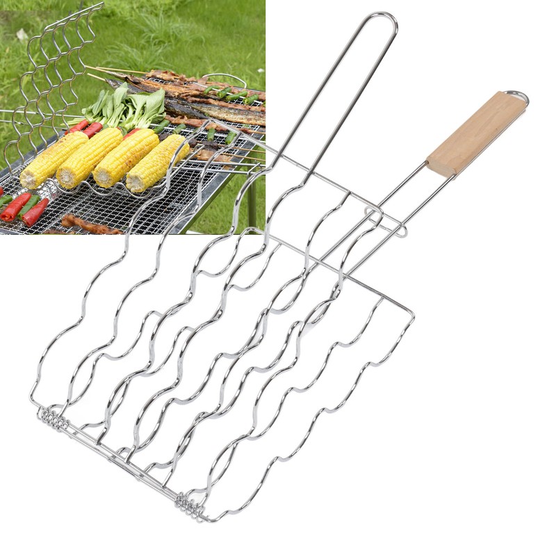 Corn Grilling Basket Stainless Steel Beech Wood Handle Even Heat