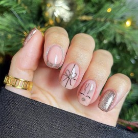 24 Pcs Christmas Press on Nails Short Square French Tip Fake Nails with Elk Glossy Full Cover Glue on Nails Gold Glitter Nail Tips Christmas Artificial False Nails for Women Winter Acrylic Nails Decor