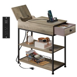 WLIVE Narrow Side Table with 2 USB Ports and 2 Outlets, Flip Top End Table with Drawer and Storage Shelves, Small Nightstand with Charging Station for Living Room/Bedroom, Greige