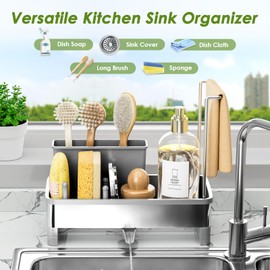 Ewaiira Stainless Steel Sink Caddy, Sponge Holder for Kitchen Sink with Brush Holder & Dishcloth Rack, Rustproof Sink Organizer Countertop, Soap Dispenser Kitchen Organizers Storage Essentials, Gray