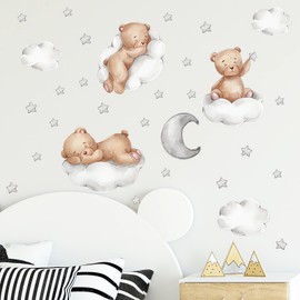 Cute Brown Sleeping Baby Bear Wall Stickers, sacinora Moon and Stars DIY Art Wall Decals Removable Vinyl Peel and Stick for Kids Baby Nursery Bedroom Toddler Room Kindergarten Decorations