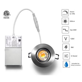YUURTA 3-Inch 5000K (Daylight) Eyeball Gimbal LED Downlight (Pot Light) 8W 120V 830 Lumens Dimmable Recessed Rotatable/Adjustable Light Panel ETL Listed IC Rated (Brushed Nickel)