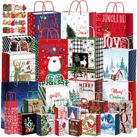 24 pack Christmas Gift bags Assorted Sizes with 24 Christmas Gift Tags,Christmas Paper Bags with Handle, 6 Jumbo 6 Large 6 Medium 4 Small 2 Wine Gift Bags for Christmas Presents, Xmas Party Favors