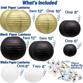 Rovplus 12 Pack Gold Black White Paper Lantern Assortment, Chinese Japanese Round Paper Lanterns, Party Supplies for Wedding Graduation Anniversary Birthday Party Decorations