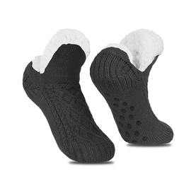 Feelorna Women's Slippers Socks, Women's Warm Winter Socks, Fleece Lined Non-Slip Knitted Thick Socks for Indoor Home Floor, gray