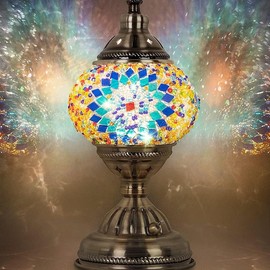 Yarra-Decor Turkish Moroccan Lamp with Bronze Base Handmade Tiffany Mosaic Glass Lamps Portable Bedside Lamps with Rechargeable Battery 2000mAh (LED Bulb Included)(Blue1) Lighting Interior:_Blue1