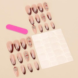 24Pcs Red French Tip Press on Nails Medium Almond Fake Nails with Red Diamond Designs Gold Line Flower False Nails Nude Glossy Acrylic Nails Full Cover Stick on Nails for Women Girls Nail Art Supply