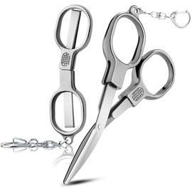 2 Pcs Folding Scissors, Stainless Steel Portable Mini Small Travel Scissors, Safety Foldable Pocket Scissors, Badge Nursing Scissors with 2 Keychain for Travel, Home, Office, Craft, Sewing (Silver)
