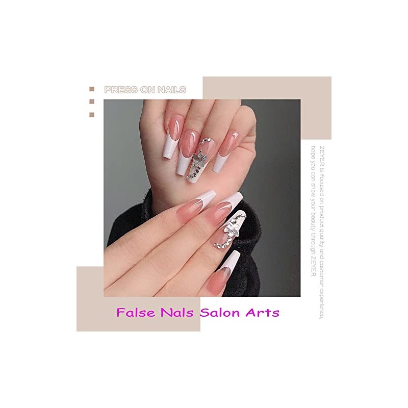 24 uñas postizas largas de acrílico para ballet, blanco francés,