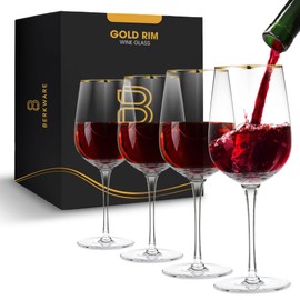 BERKWARE Wine Glass Set of 4 - Long Stem Red Wine Glasses - Elegant Gold Rim Wine Glasses - Premium Wine Glass Set - Crystal Red Wine Glasses for Parties and Special Occasions