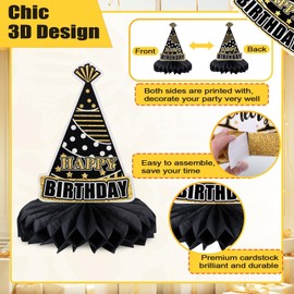Huiguli 50th Birthday Table Decoration Set, 10 Pieces Black Golden Honeycomb Decoration, Honeycomb Centrepiece Table Decoration, Birthday Party Decoration for 60th Women Men Anniversary Party