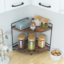 2 Tier Corner Shelf, Bathroom Organizer Countertop, Wooden Bathroom Trays for Counter Vanity Organizer, Makeup Cosmetic Storage Shelf, Kitchen Spice Rack, Rustic Brown