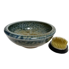 Japanese Mino Ware Ikebana Ceramic Small Round Flower Vase D5.1 in x H2 in and Brass Kenzan Pin Frog for Flower Arrangement D1.8 in X H0.87 in, Made in Japan M11710