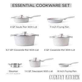 Country Kitchen Non-Stick Cast Aluminum Cookware Set - Durable Kitchen Cookware for Everyday Cooking, Cream Rhombus, 11 Pc.